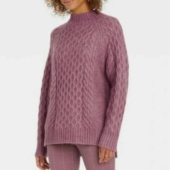 A New Day Mauve Oversized Cable Knit Tunic Mockneck Sweater Purple Large - Picture 1 of 8